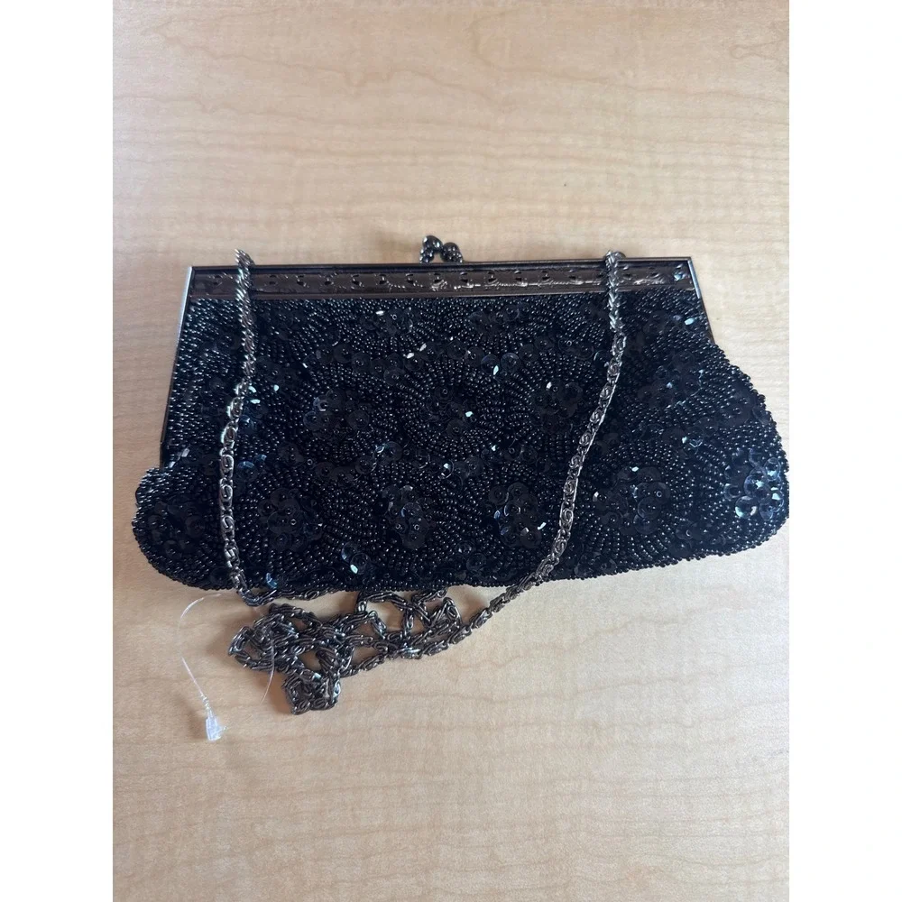 Lillie Rubin Vintage Black Beaded Sequin Clutch Bag Kiss Lock Chain Strap